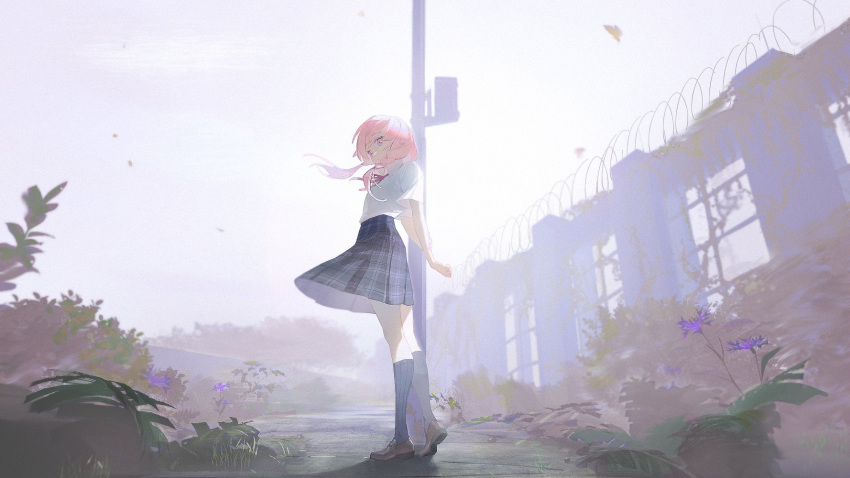 1girl arms_behind_back backlighting barbed_wire bush commentary_request expressionless flower full_body gekichuu_youkai highres kaf_(kamitsubaki_studio) kamitsubaki_studio kneehighs loafers long_hair looking_at_viewer multicolored_eyes neck_ribbon outdoors pink_hair plaid plaid_skirt pole red_ribbon ribbon shirt shoes skirt sky solo twintails virtual_youtuber white_shirt yellow_pupils
