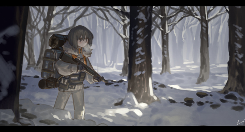 1girl backpack bag bare_tree black_gloves breath brown_eyes brown_hair coat commentary_request eyebrows_visible_through_hair forest fur-trimmed_coat fur_trim gloves gun holding holding_gun holding_weapon hunting lanzi_(415460661) letterboxed medium_hair nature original outdoors pants rifle snow solo tree weapon white_coat white_pants winter winter_clothes winter_coat