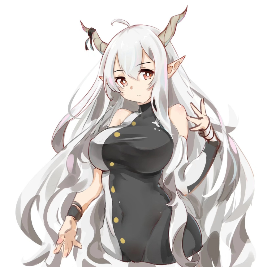 1girl adapted_costume ahoge arknights black_dress breasts chinese_commentary closed_mouth commentary covered_navel cowboy_shot cropped_legs demon_horns detached_sleeves dress expressionless eyebrows_visible_through_hair hair_between_eyes highres horn_ornament horn_ribbon horns jiaowowuyujiuhao large_breasts long_hair looking_at_viewer no_cloak pointy_ears red_eyes ribbon shining_(arknights) silver_hair simple_background single_sleeve solo two-tone_dress very_long_hair white_background white_dress wristband