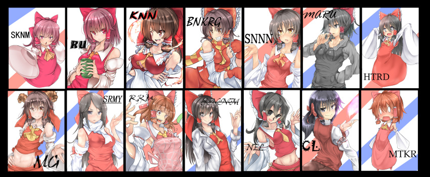 6+girls absurdres apron ascot bangs benikurage_(cookie) between_breasts black_eyes black_hair black_hoodie blank_eyes blunt_bangs blush bow breasts bright_pupils brown_eyes brown_hair brown_skirt cigarette cili_(cookie) claws closed_mouth coat commentary_request cookie_(touhou) cowboy_shot cup curled_horns detached_sleeves dress empty_eyes everyone eyebrows_visible_through_hair fire frilled_bow frilled_hair_tubes frilled_shirt_collar frills full_body grater grin hair_between_eyes hair_bow hair_tubes hakurei_reimu hand_in_pocket highres holding holding_cup hood hoodie horns hotaruda_(cookie) hyper_muteki_(artist) kanna_(cookie) labcoat large_breasts long_hair looking_at_viewer maru_(cookie) matekora_(cookie) medium_breasts medium_hair midriff minigirl mugi_(cookie) multiple_girls navel necktie necktie_between_breasts noel_(cookie) open_mouth orange_scarf parted_bangs pink_apron ponytail red_bow red_dress red_eyes red_mittens red_shirt red_skirt red_sweater_vest reu_(cookie) ribbon-trimmed_sleeves ribbon_trim rurima_(cookie) sakenomi_(cookie) sananana_(cookie) sarashi scarf shinonome_(cookie) shiromiya_rei shirt short_hair sidelocks skirt skirt_set sleeve_bow sleeveless sleeveless_shirt sleeves_past_fingers sleeves_past_wrists small_breasts smile smoking striped striped_scarf sweater_vest swept_bangs touhou upper_body white_coat white_pupils white_scarf white_sleeves yellow_ascot yellow_necktie yellow_scarf yunomi