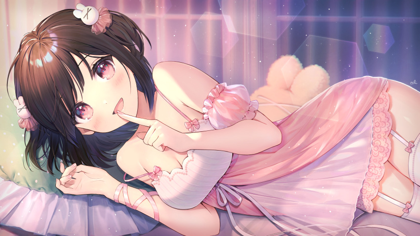 1girl :d absurdres babydoll bangs bed black_hair breasts collarbone commentary_request curtains finger_to_mouth garter_straps hair_ornament highres indoors lens_flare looking_at_viewer lying medium_breasts oli on_bed on_side open_mouth original pillow red_eyes short_hair smile stuffed_animal stuffed_toy thighhighs twintails white_legwear