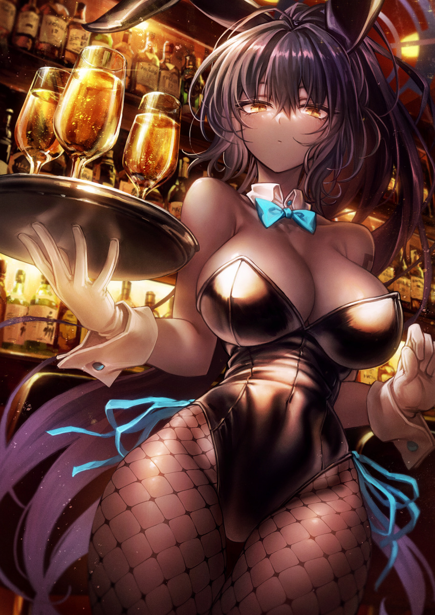 1girl alcohol animal_ears aqua_bow aqua_bowtie bangs black_hair black_leotard blue_archive bow bowtie breasts cleavage closed_mouth covered_navel curled_fingers dark-skinned_female dark_skin detached_collar expressionless fake_animal_ears fishnet_legwear fishnets gloves glowing hair_between_eyes halo hand_up high_ponytail highleg highleg_leotard highres holding holding_tray karin_(blue_archive) large_breasts leotard liquor looking_at_viewer looking_down multicolored_hair oyu_udon playboy_bunny purple_hair shiny shiny_clothes slit_pupils soju solo strapless strapless_leotard streaked_hair thigh_gap thighs tray two-tone_hair white_gloves wrist_cuffs yellow_eyes