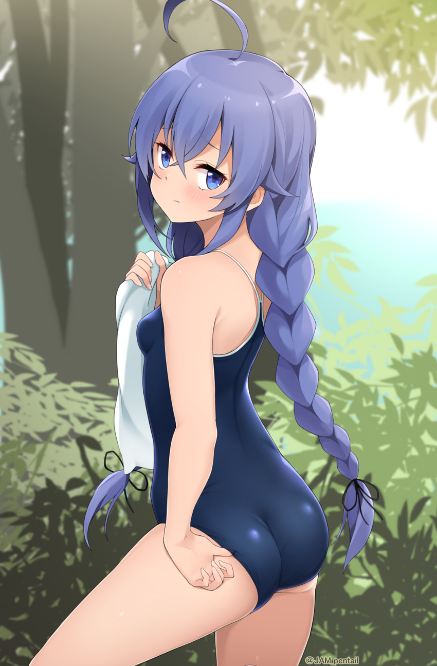 1girl ahoge ass bangs bare_shoulders blue_eyes blue_hair blue_swimsuit blush braid breasts clothes_pull commentary_request competition_school_swimsuit cowboy_shot eyebrows_visible_through_hair from_behind hair_between_eyes hair_ribbon highres jampen leaf long_hair looking_at_viewer looking_back mushoku_tensei navel one-piece_swimsuit outdoors ribbon roxy_migurdia school_swimsuit small_breasts solo standing swimsuit swimsuit_pull tree twin_braids