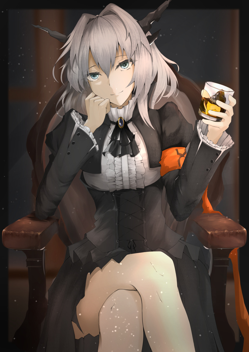 1girl absurdres alcohol arknights armchair bare_legs black_dress black_horns blue_eyes breasts chair closed_mouth crossed_legs cup dress eyebrows_visible_through_hair farena feet_out_of_frame hand_on_own_face highres holding holding_cup horns long_hair silver_hair simple_background sitting smile solo talulah_(arknights) upper_body whiskey