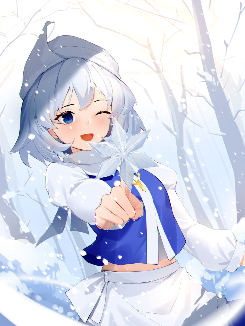1girl apron arm_up bangs blue_eyes blue_skirt blue_vest blush breasts eyebrows_visible_through_hair hair_between_eyes hand_up hat highres letty_whiterock light long_sleeves looking_to_the_side medium_breasts midriff_peek one_eye_closed open_mouth puffy_long_sleeves puffy_sleeves repoi ribbon shadow shirt short_hair silver_hair skirt sky smile snow snowflakes snowing solo sunlight touhou tree vest white_apron white_headwear white_ribbon white_shirt white_sky