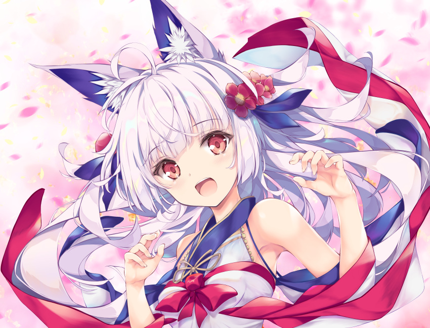 1girl :d absurdres ahoge animal_ear_fluff animal_ears armpits bare_shoulders breasts claw_pose commentary detached_sleeves english_commentary flower fox_ears fox_girl hair_flower hair_ornament hands_up highres japanese_clothes long_hair long_sleeves looking_at_viewer original red_eyes shirt small_breasts smile solo tenmu_shinryuusai upper_body white_hair white_shirt wide_sleeves
