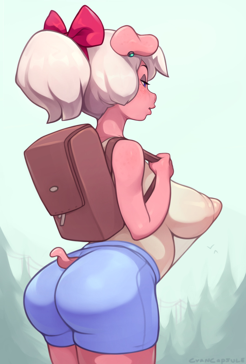 1girl animal_ears ass backpack bag blue_shorts blush bow breasts clothing_cutout colored_skin commentary cowboy_shot cyancapsule emelie_(cyancapsule) english_commentary from_behind furry furry_female hair_bow highres large_breasts medium_hair mole mole_under_eye nipples no_bra original pig_ears pig_tail pink_skin pointy_breasts ponytail purple_eyes red_bow see-through_shirt shorts solo standing tail tail_cutout white_hair