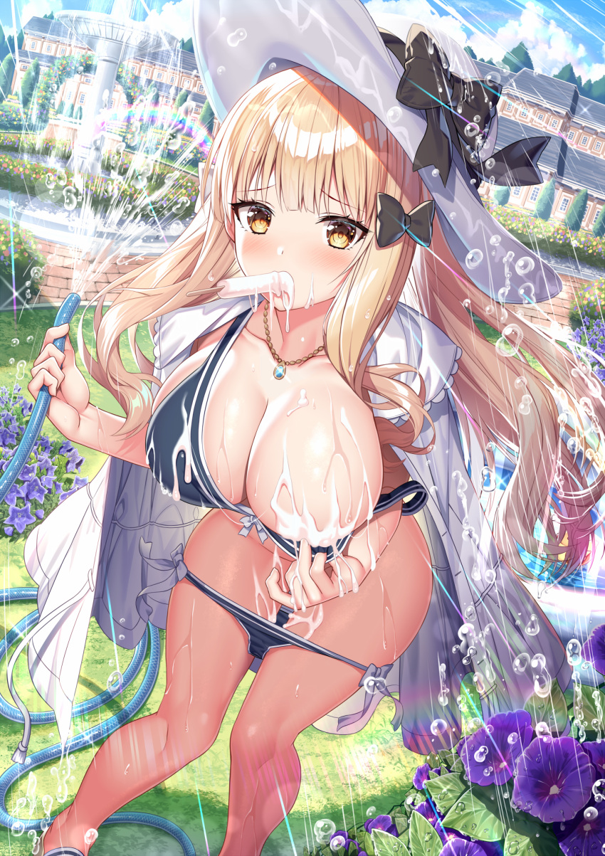 1girl akusema bangs bikini bikini_pull black_bikini black_ribbon blonde_hair blue_sky blunt_bangs bow breasts building clothes_pull cloud coat collarbone commentary_request day flower food food_in_mouth food_on_breasts fountain garden hair_bow hat hat_ribbon hedge highres hose jewelry large_breasts lens_flare long_hair necklace open_clothes open_coat outdoors popsicle princess_connect! rainbow ribbon saren_(princess_connect!) saren_(real)_(princess_connect!) sidelocks sky solo standing suggestive_fluid sun_hat swimsuit water_drop white_coat white_headwear white_ribbon yellow_eyes