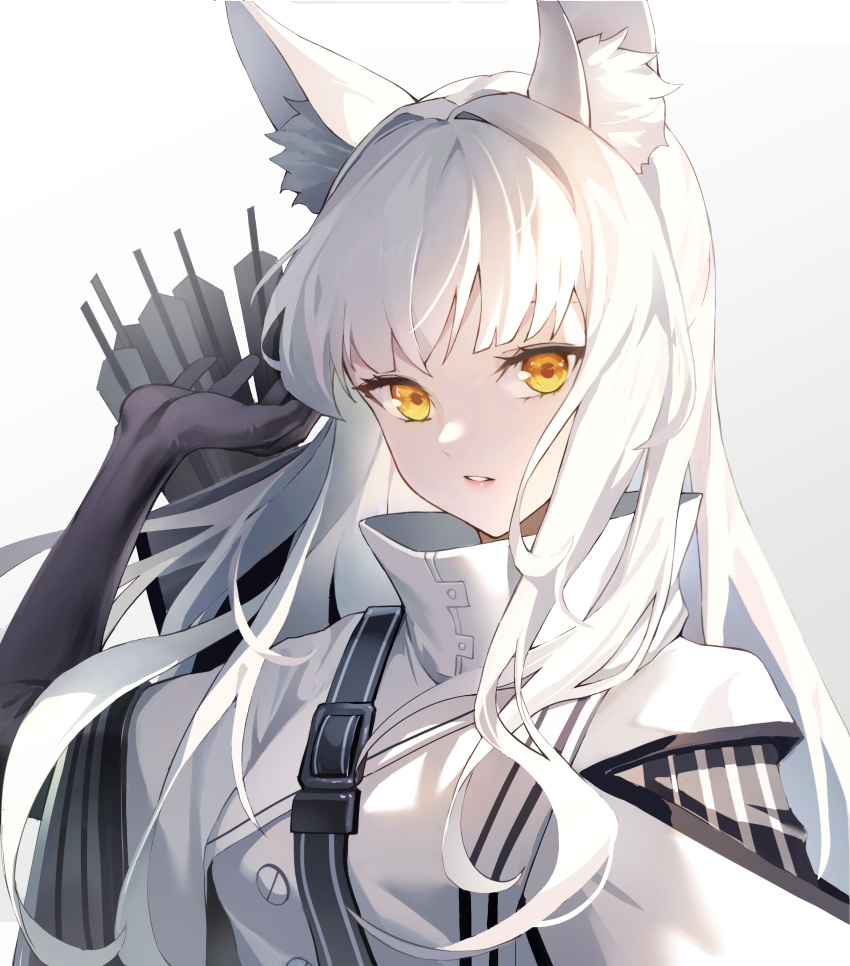 1girl absurdres animal_ear_fluff animal_ears arknights arrow_(projectile) bangs black_gloves commentary_request gloves grey_background hand_up high_collar highres jacket long_hair looking_at_viewer madao parted_lips platinum_(arknights) silver_hair solo upper_body white_jacket yellow_eyes