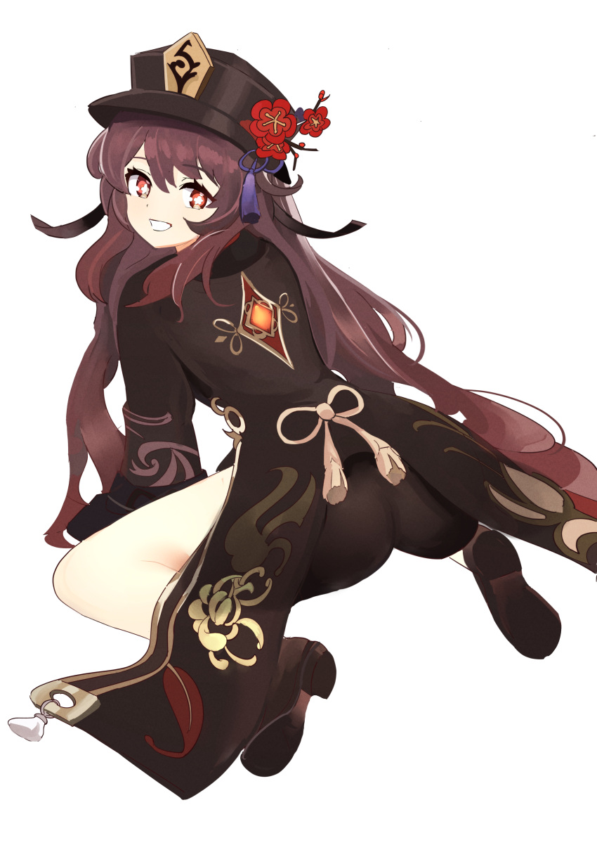 1girl absurdres ass black_headwear black_shorts brown_hair from_behind genshin_impact hat highres hu_tao_(genshin_impact) long_sleeves looking_at_viewer looking_back oni-_-on red_eyes shorts simple_background smile solo symbol-shaped_pupils tailcoat top_hat twintails white_background