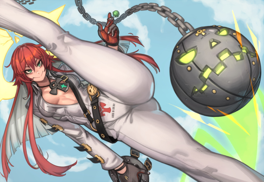 1girl absurdres ankh ankh_necklace belt blue_sky bodysuit breasts breasts_apart broken_halo candy closed_mouth commentary day dutch_angle food gloves green_eyes guilty_gear guilty_gear_strive halo highres holding holding_candy holding_food holding_lollipop jack-o'_valentine kelvin_hiu lollipop long_hair medium_breasts multicolored_hair no_bra red_hair sky smile solo split standing standing_on_one_leg standing_split strap studded_belt white_bodysuit wrecking_ball