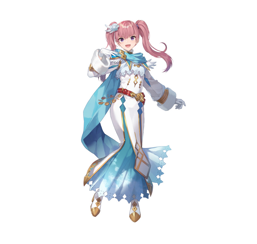 1girl absurdres alternate_costume bangs belt blush commentary_request detached_sleeves dress eihi eyebrows_visible_through_hair feather_trim fire_emblem fire_emblem:_the_blazing_blade fire_emblem_heroes full_body fur_trim gloves gold_trim gradient gradient_clothes hair_ornament hand_up highres long_dress long_hair long_sleeves looking_at_viewer official_art open_mouth pink_hair purple_eyes scarf serra_(fire_emblem) shiny shiny_hair simple_background smile solo tied_hair twintails white_background white_gloves