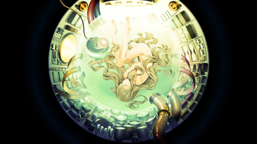 1girl ass breasts cable closed_eyes completely_nude fetal_position florine_(machine_child) full_body highres knees_on_chest light_brown_hair long_hair machine machine_child nude orb oyari_ashito sleeping small_breasts solo submerged switch tube upside-down very_long_hair wavy_hair