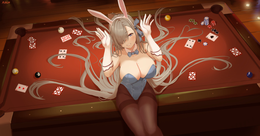 1girl animal_ears arms_up asuna_(blue_archive) ball bangs billiard_ball blue_archive blue_bow blue_bowtie blue_eyes blue_leotard blue_ribbon blush bow bowtie breasts brown_legwear bunny_pose card cleavage commentary detached_collar eyebrows_visible_through_hair fake_animal_ears gloves grin hair_over_one_eye hair_ribbon hairband highres large_breasts legs_together leotard light_brown_hair long_hair looking_at_viewer mole mole_on_breast nev_(nevblindarts) pantyhose playing_card poker_chip pool_table rabbit_ears ribbon sitting smile solo strapless strapless_leotard thighband_pantyhose very_long_hair white_gloves white_hairband wooden_floor