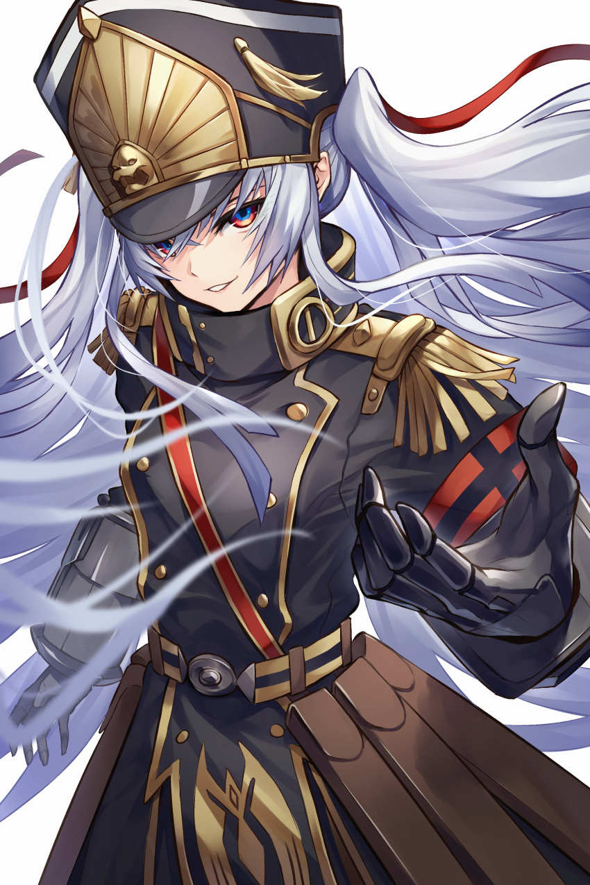 1girl absurdres altair_(re:creators) armband bangs belt black_gloves black_headwear black_jacket buttons commentary_request diieru epaulettes floating_hair gauntlets gloves grin hair_between_eyes hair_ribbon hat highres jacket lips long_hair long_sleeves looking_at_viewer metal_gloves military military_hat military_uniform parted_lips pink_lips re:creators reaching_out red_eyes red_ribbon ribbon shako_cap sidelocks silver_hair simple_background smile solo teeth two_side_up uniform very_long_hair white_background yellow_belt