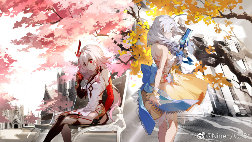 2girls ahoge asymmetrical_gloves back-to-back back_bow bangs bare_shoulders bench benghuai_xueyuan blue_bow blue_eyes bow branch breasts brown_gloves brown_legwear cherry_blossoms chinese_commentary church clenched_hand closed_mouth commentary_request dress elbow_gloves fu_hua fu_hua_(phoenix) gloves gradient_hair grey_hair gun hair_between_eyes hair_bow hair_ornament hand_up holding holding_gun holding_weapon honkai_(series) honkai_impact_3rd kiana_kaslana medium_breasts mismatched_gloves monochrome_background multicolored_hair multiple_girls nine_(liuyuhao1992) off-shoulder_dress off_shoulder on_bench pink_hair profile red_eyes red_gloves revolver ribbon road shoulder_blades single_thighhigh sitting sitting_on_bench sleeveless sleeveless_dress small_breasts standing thighhighs tree watermark weapon weibo_logo weibo_username white_dress white_hair white_sky yellow_dress yellow_ribbon