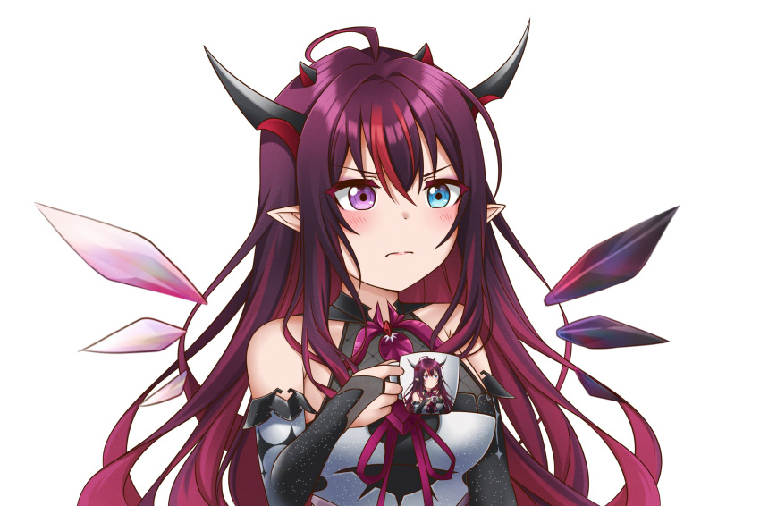 1girl absurdres annoyed blue_eyes breasts commentary cup derivative_work detached_sleeves frown heterochromia highres holding holding_cup hololive hololive_english horns irys_(hololive) jan_azure medium_breasts meme multicolored_hair multiple_horns neon_genesis_evangelion pointy_ears portrait purple_eyes purple_hair recursion red_hair shinji_holding_a_mug_(meme) streaked_hair symbol-only_commentary teacup v-shaped_eyebrows virtual_youtuber