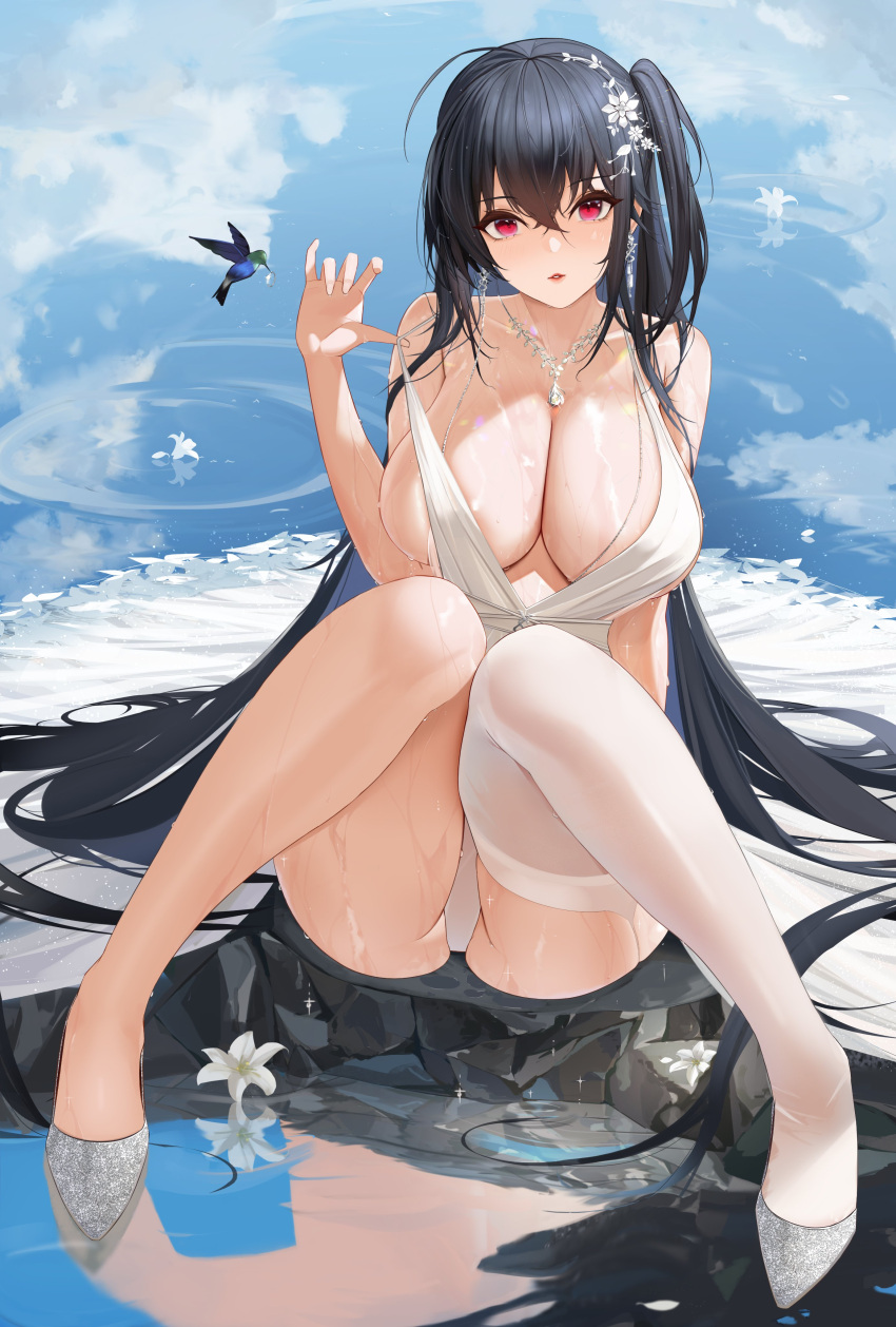 1girl absurdres afpl_(parrotz4) ahoge areola_slip areolae azur_lane bangs bare_shoulders bird black_hair breasts collarbone commentary_request crossed_bangs dress earrings flower glint hair_flower hair_ornament hand_up highres hummingbird jewelry knees_up large_breasts long_hair necklace official_alternate_costume one_side_up parted_lips pulled_by_self red_lips single_thighhigh sitting solo taihou_(azur_lane) taihou_(temptation_on_the_sea_breeze)_(azur_lane) thighhighs thighs very_long_hair wet white_dress white_flower white_legwear