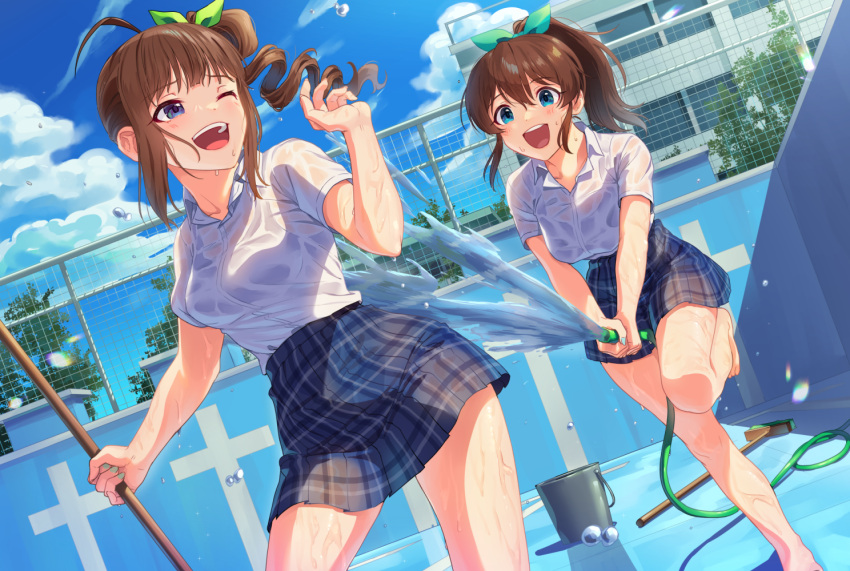 2girls :d ;d ahoge bangs barefoot blue_eyes blue_skirt blue_sky bralines broom brown_hair bucket cloud cloudy_sky commentary day dress_shirt drill_hair dutch_angle empty_pool fence green_ribbon hair_ribbon half-closed_eye holding holding_broom holding_hose hose idolmaster idolmaster_million_live! kamille_(vcx68) leaning_forward leg_up looking_at_another looking_back medium_hair miniskirt multiple_girls one_eye_closed open_mouth outdoors plaid plaid_skirt pleated_skirt ponytail pool ribbon running satake_minako school school_uniform shirt short_sleeves side_drill side_ponytail skirt sky smile spraying standing standing_on_one_leg water wet wet_clothes wet_shirt white_shirt yokoyama_nao