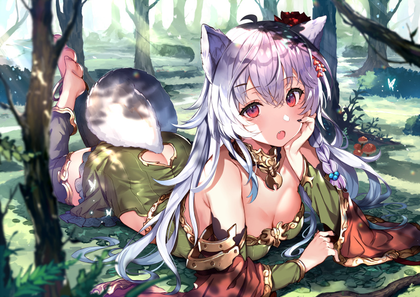 1girl :o abusoru animal_ears anklet bangs bare_shoulders barefoot breasts butt_crack cleavage collar detached_sleeves dress eyebrows_visible_through_hair forest green_dress hair_between_eyes highres hip_vent jewelry long_hair looking_at_viewer medium_breasts mushroom nature open_mouth original outdoors red_eyes sidelocks solo tail white_hair