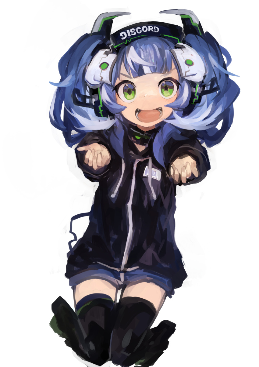 1girl absurdres bangs black_hoodie blunt_bangs collar discord discord-chan green_eyes headphones highres hood hoodie kaamin_(mariarose753) looking_at_viewer open_mouth outstretched_arms purple_hair short_shorts shorts smile solo thighhighs twintails v-shaped_eyebrows white_background zettai_ryouiki