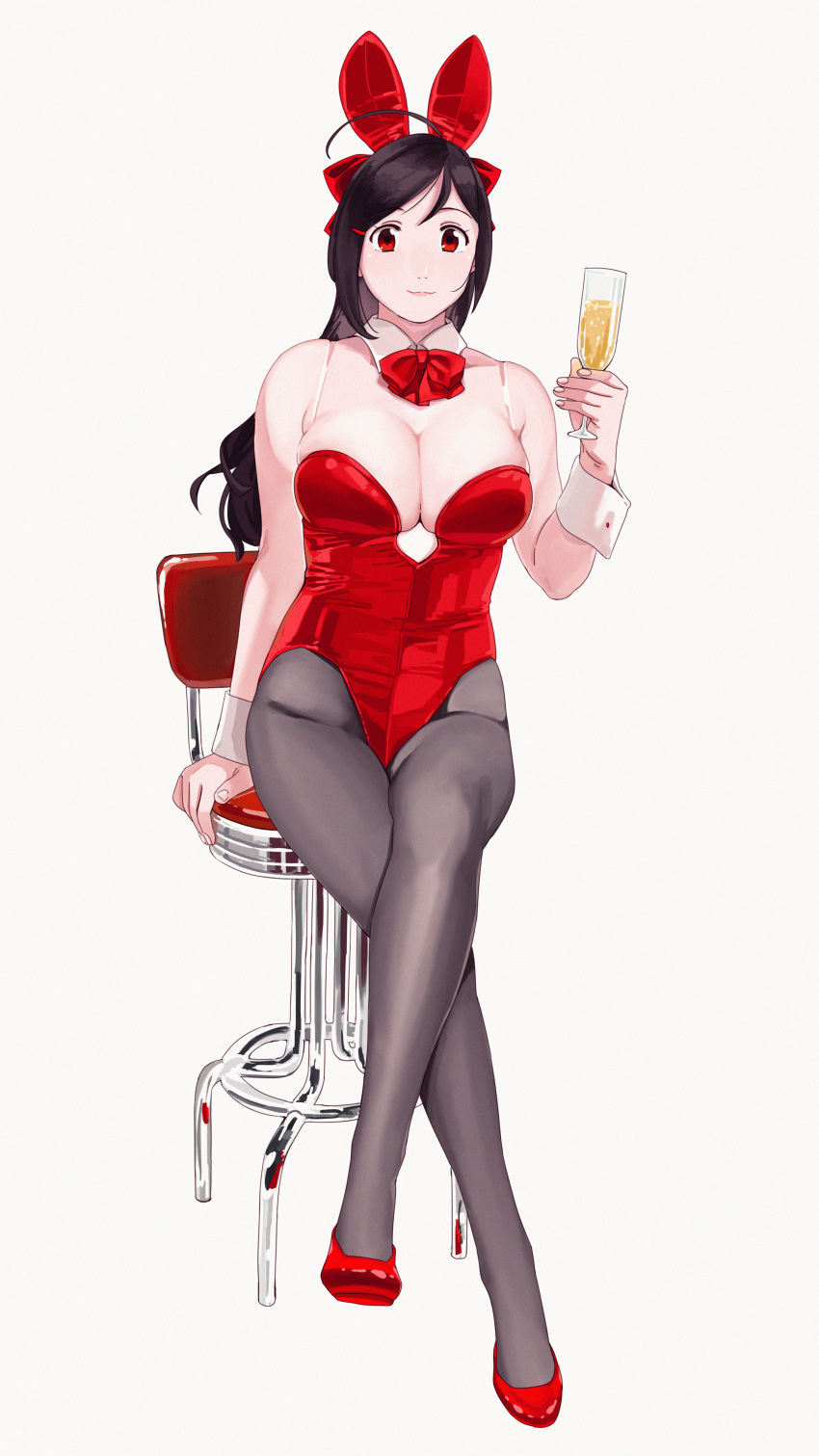 1girl absurdres alcohol alternate_costume animal_ears bar_stool bare_shoulders black_hair black_legwear bow bowtie breasts champagne cleavage cup detached_collar drinking_glass fake_animal_ears full_body glass high_heels highres holding holding_cup kantai_collection large_breasts leotard long_hair looking_at_viewer mamiya_(kancolle) ojipon pantyhose playboy_bunny rabbit_ears red_bow red_eyes red_footwear red_leotard simple_background solo stool white_background wrist_cuffs