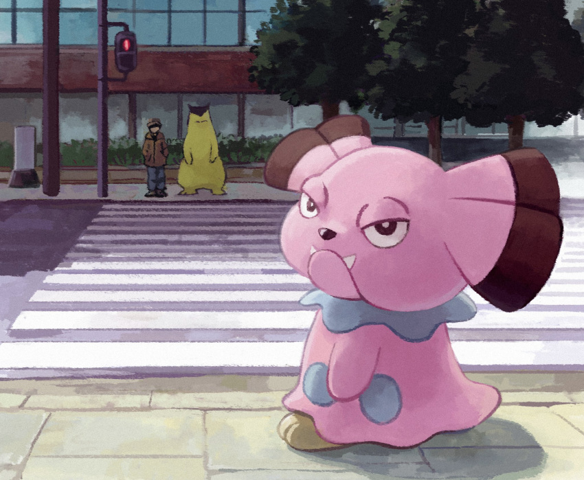 1boy bright_pupils brown_coat brown_eyes building closed_mouth coat commentary_request crosswalk day fangs fangs_out highres outdoors pants pokemon pokemon_(creature) shoes snubbull standing traffic_light tree typhlosion uninori white_pupils window