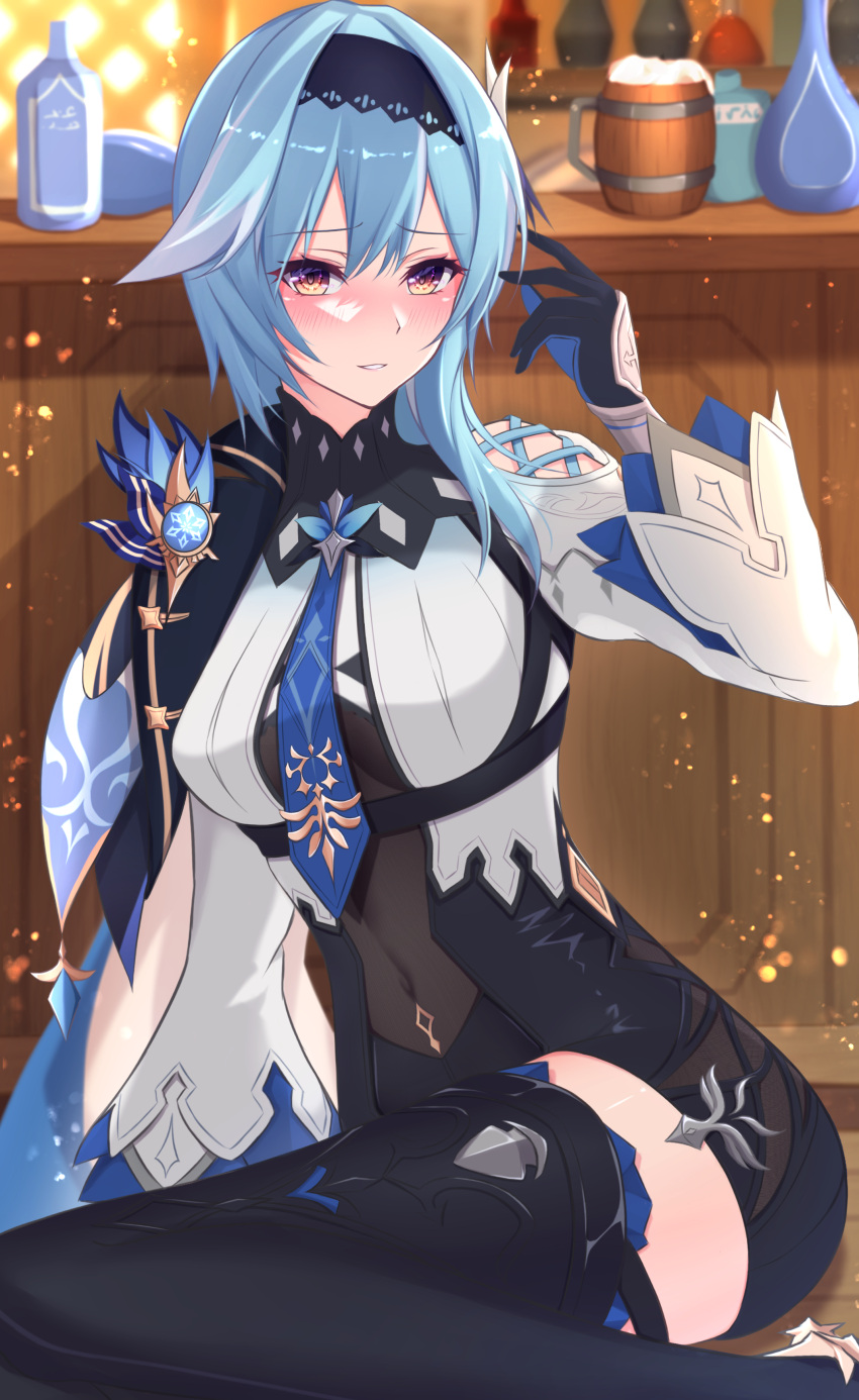 1girl absurdres alcohol beer_mug blue_hair blue_necktie blush bodystocking breasts covered_navel cup eula_(genshin_impact) genshin_impact gloves hairband highres long_sleeves looking_at_viewer masamune_tokunaga medium_breasts mug necktie parted_lips smile solo thighhighs