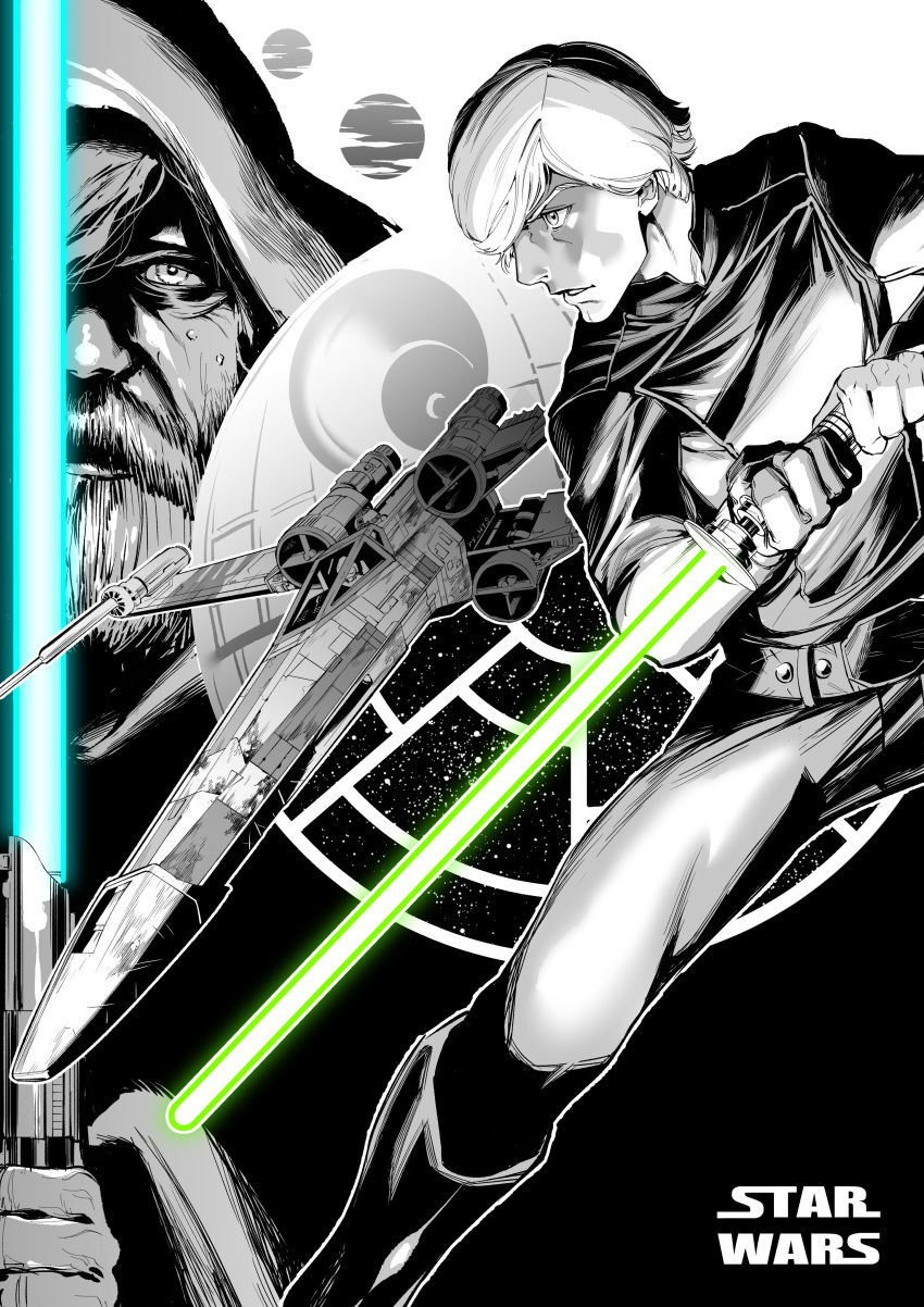 1boy absurdres age_comparison aircraft beard belt copyright_name death_star energy_sword facial_hair fighting_stance greyscale highres holding holding_weapon hood hood_up lightsaber long_sleeves luke_skywalker male_focus monochrome multiple_views older pants parted_lips profile rx_hts spot_color star_wars star_wars:_return_of_the_jedi star_wars:_the_force_awakens sword weapon x-wing