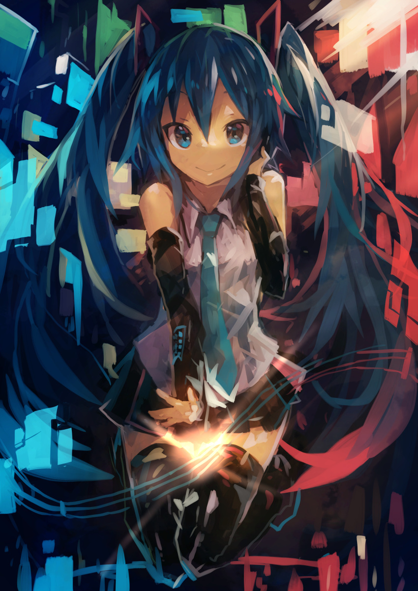 1girl absurdres aqua_eyes aqua_hair bangs bare_shoulders black_skirt boots commentary detached_sleeves energy hair_between_eyes hair_ornament hand_on_headwear hatsune_miku highres jumping kaamin_(mariarose753) long_hair looking_at_viewer necktie outstretched_arm pleated_skirt skirt smile solo thigh_boots thighhighs twintails very_long_hair vocaloid