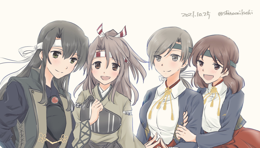 4girls brown_hair chitose_(kancolle) chiyoda_(kancolle) dated green_hair grey_hair hair_ribbon headband highres kantai_collection long_hair medium_hair multiple_girls muneate orikoshi_shino ponytail ribbon signature silver_hair smile white_background zuihou_(kancolle) zuikaku_(kancolle)