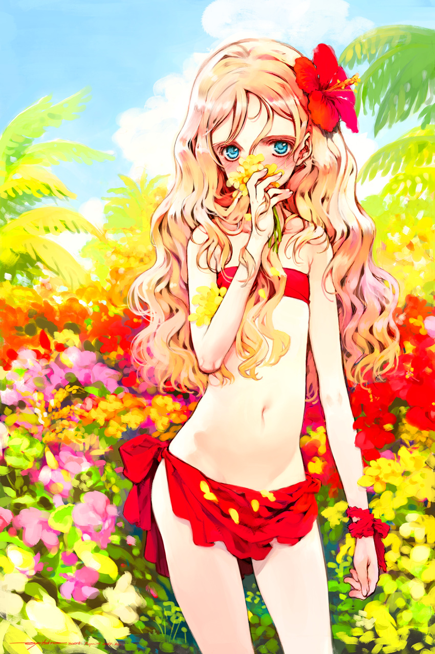 1girl bandeau bare_shoulders bikini blonde_hair blue_eyes blue_sky blush bush charlotte_francia cloud covering_mouth cowboy_shot dated day flat_chest flower hair_flower hair_ornament highres holding holding_flower long_hair looking_at_viewer navel outdoors oyari_ashito petals quartett! red_bikini redrawn signature sky solo swimsuit wavy_hair