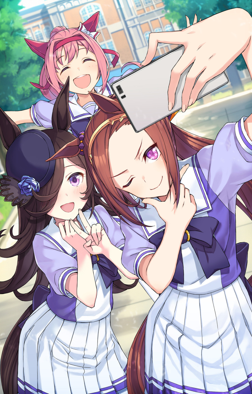 3girls :d airplane_arms animal_ears blush brown_hair building cellphone closed_mouth day facing_viewer fingernails flower_in_eye hair_over_one_eye hairband hand_on_own_chin hand_up haru_urara_(umamusume) hat headband highres holding holding_phone horse_ears horse_girl horse_tail itou_(onsoku_tassha) long_hair multiple_girls one_eye_closed one_eye_covered open_mouth outdoors outstretched_arms phone pink_eyes pink_hair pleated_skirt puffy_short_sleeves puffy_sleeves purple_shirt rice_shower_(umamusume) sailor_collar sakura_bakushin_o_(umamusume) school_uniform selfie serafuku shirt short_sleeves skirt smartphone smile smug spread_arms symbol_in_eye tail tracen_school_uniform tree umamusume v white_sailor_collar white_skirt