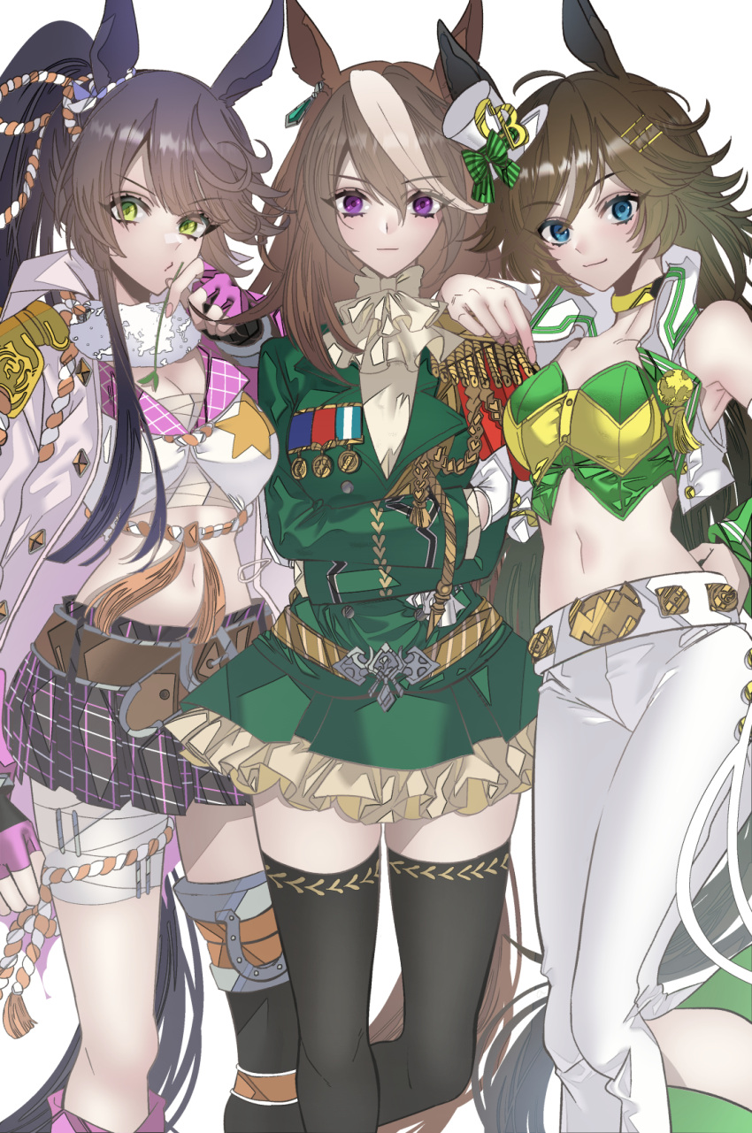 3girls aiguillette animal_ears anno88888 bandaged_leg bandages bangs black_legwear blue_eyes breasts brown_hair choker cleavage closed_mouth commentary_request crossed_arms epaulettes eyebrows_visible_through_hair fingerless_gloves frills fur_collar gloves green_eyes hair_between_eyes hair_ornament hat highres holding horse_ears horse_girl horse_tail long_sleeves looking_at_viewer medal mini_hat mini_top_hat mr._c.b._(umamusume) multicolored_hair multiple_girls narita_brian_(umamusume) navel pants partial_commentary pleated_skirt ponytail purple_eyes sarashi simple_background single_epaulette single_thighhigh skirt streaked_hair symboli_rudolf_(umamusume) tail tassel thighhighs top_hat trait_connection umamusume white_background white_hair white_headwear white_pants