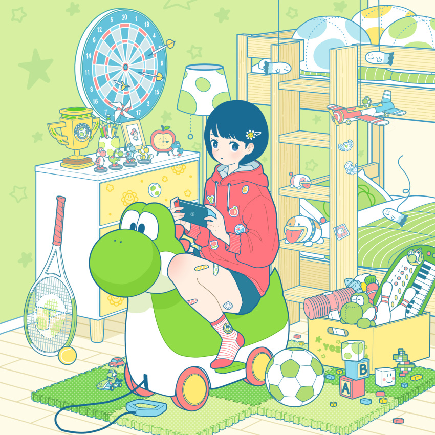 1girl baby_mario ball bandaid bandaid_on_leg bed bedroom black_hair bob_cut bowling_pin box character_doll clock dartboard drawstring flower gusty hair_flower hair_ornament handheld_game_console highres hint_block holding holding_handheld_game_console hood hood_down hoodie indoors long_sleeves mario_(series) nintendo_switch original pencil pinwheel poochy_(yoshi's_island) racket red_hoodie red_legwear short_hair sitting soccer_ball socks solo stairs star_(symbol) striped striped_legwear stuffed_toy super_mario_world_2:_yoshi's_island tennis_racket toy toy_car trophy very_short_hair yoshi yoshimon