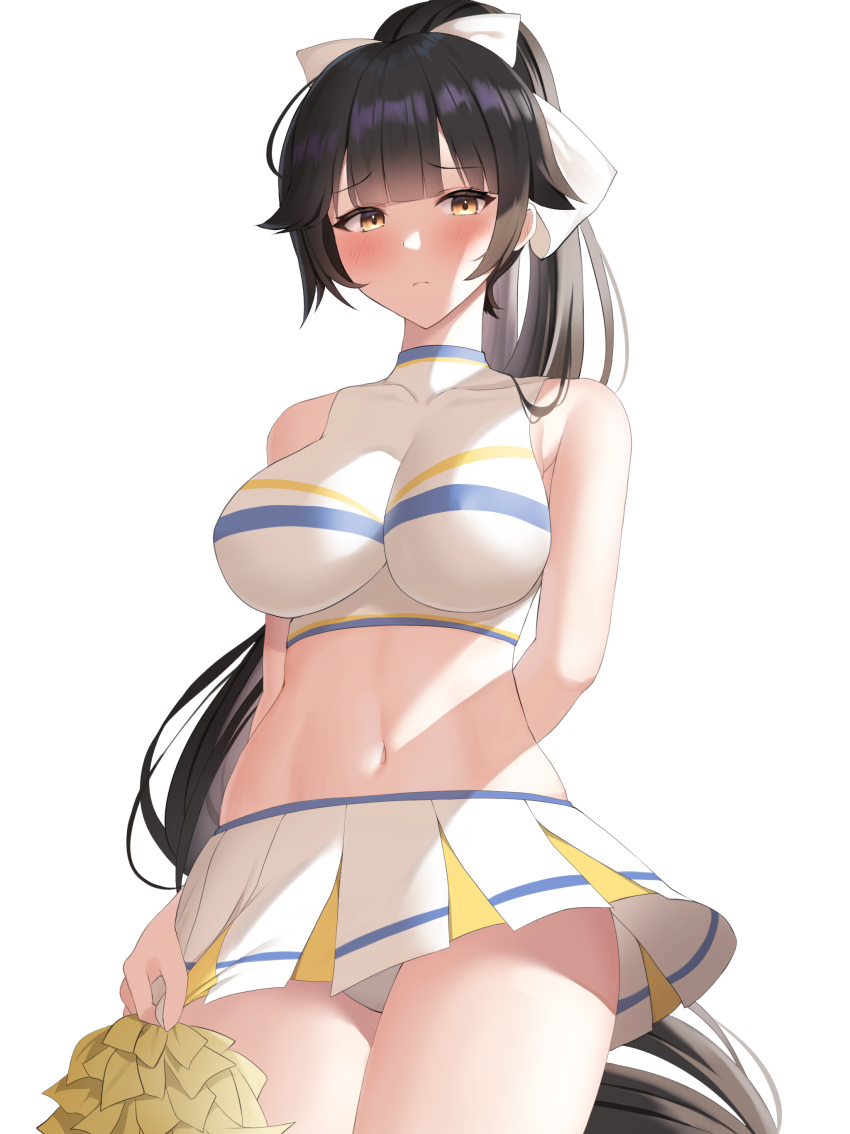 1girl absurdres arm_behind_back azur_lane bare_shoulders blush breasts cheerleader clothes_lift crop_top futon_fly_away hair_ribbon highres large_breasts looking_at_viewer navel panties pom_pom_(cheerleading) ponytail ribbon skirt skirt_lift sleeveless solo takao_(azur_lane) underwear yellow_eyes