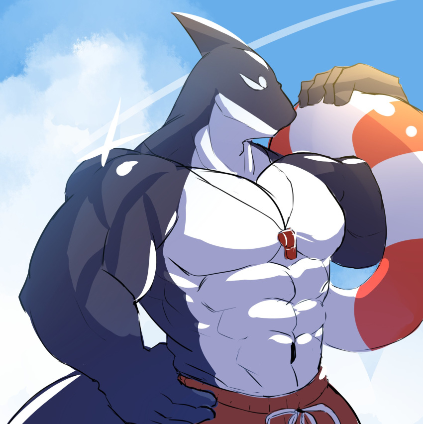 anthro cetacean clothed clothing cloud delphinoid jewelry male mammal marine muscular muscular_male necklace oceanic_dolphin orca outside pool_tube solo soraa standing swimming_trunks swimsuit toothed_whale topless