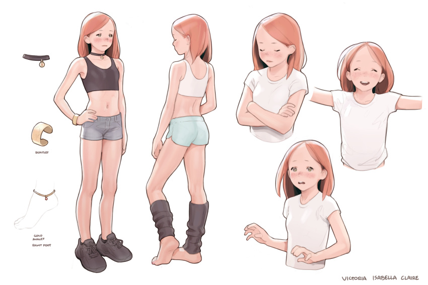 1girl absurdres anklet bangs blush bracelet brown_hair character_sheet choker closed_eyes commentary commission cropped_torso crossed_arms green_eyes hand_on_hip highres jewelry leg_warmers long_hair luimiart midriff multiple_views navel open_mouth original parted_bangs shirt shorts t-shirt tank_top white_background