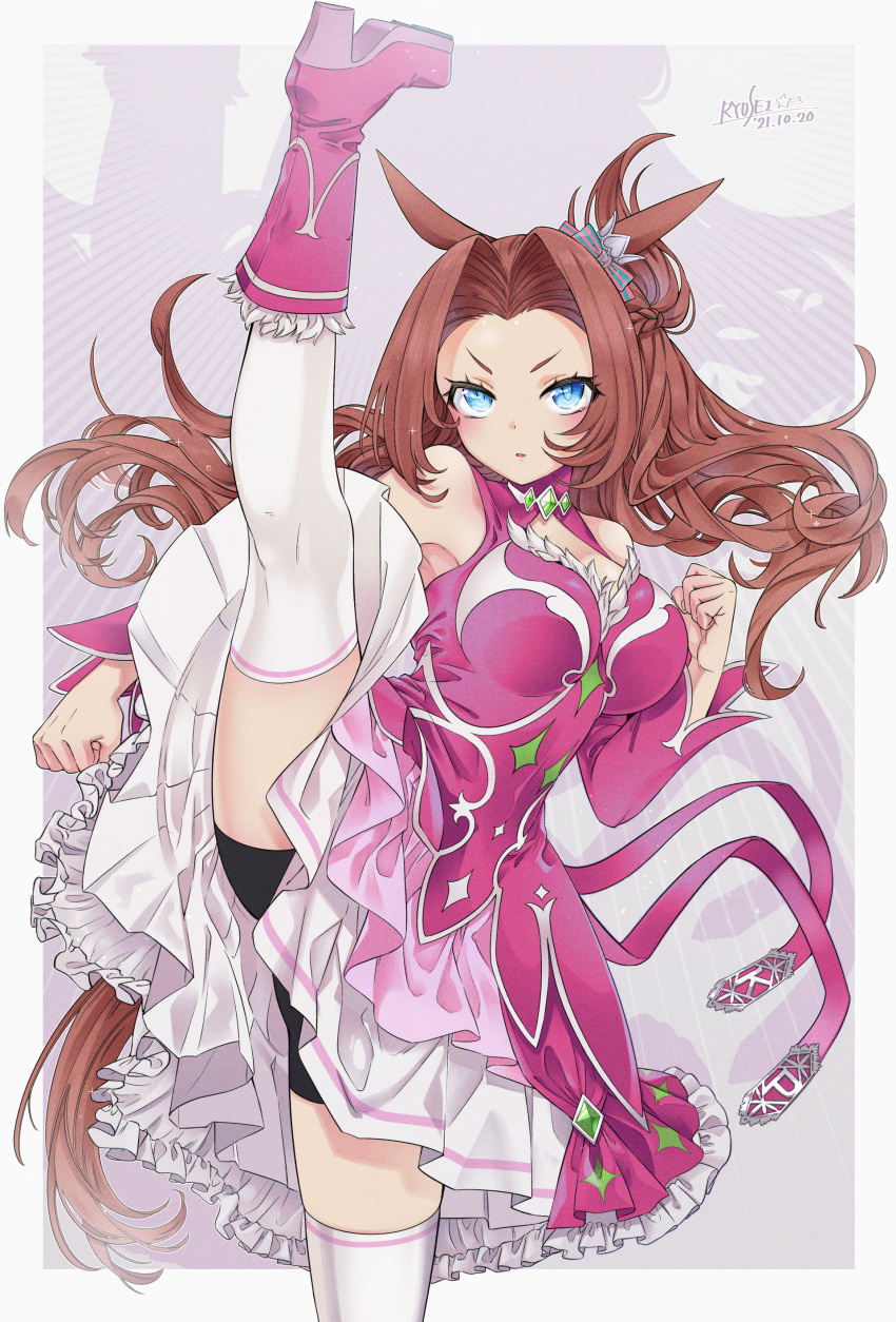 1girl absurdres animal_ears artist_name axe_kick bike_shorts black_shorts blue_eyes boots dated detached_sleeves dress high_kick highres horse_ears horse_girl horse_tail idol_clothes kawakami_princess_(umamusume) kicking knee_boots long_hair orange_hair pink_dress pink_footwear puzzle157xxx short_shorts shorts shorts_under_dress signature sleeveless sleeveless_dress solo split standing standing_on_one_leg standing_split tail thighhighs umamusume white_legwear