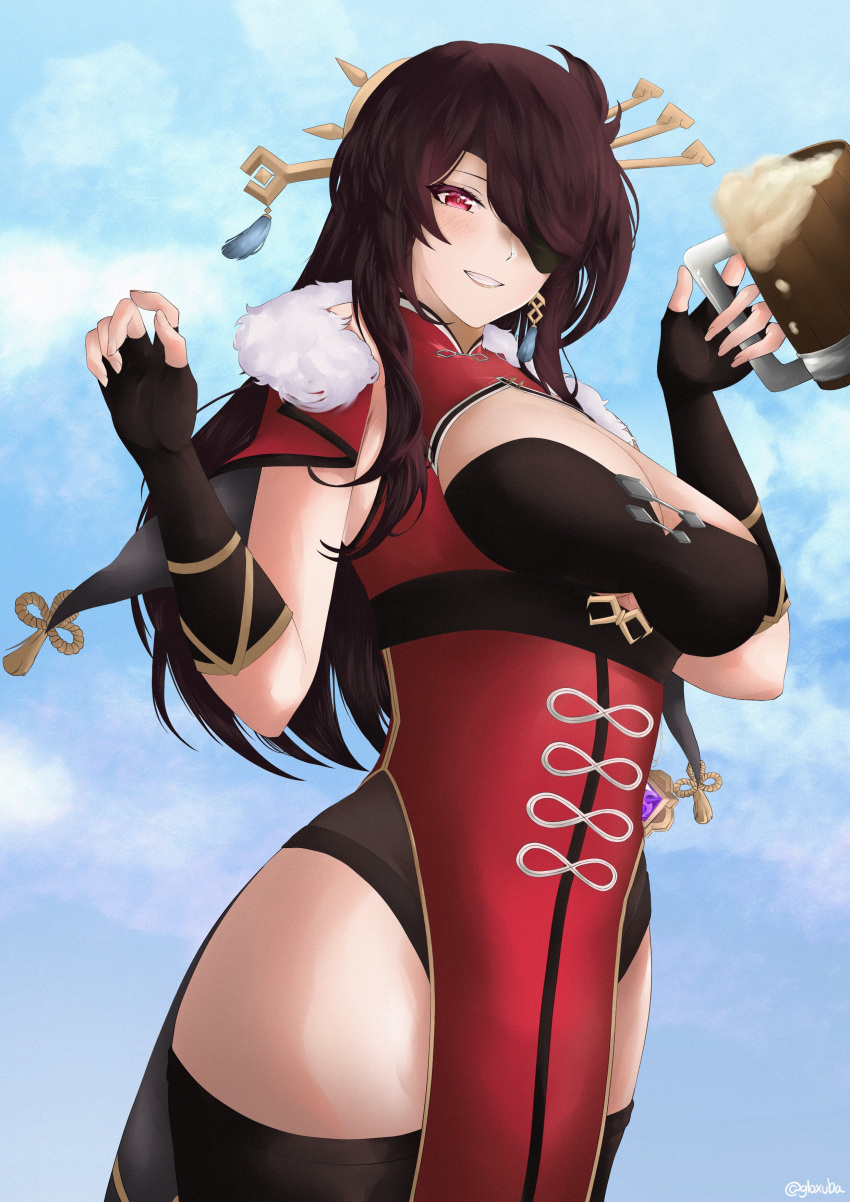 1girl absurdres alcohol beidou_(genshin_impact) black_gloves black_legwear blue_sky blush breasts brown_hair chinese_clothes cleavage cleavage_cutout clothing_cutout cup day dress eyepatch fingerless_gloves fur_collar genshin_impact gloves gloxuba hair_ornament hair_over_one_eye hair_stick hairpin highres holding holding_cup large_breasts long_hair one_eye_covered pelvic_curtain red_dress red_eyepatch red_eyes sky smile solo thighhighs thighs