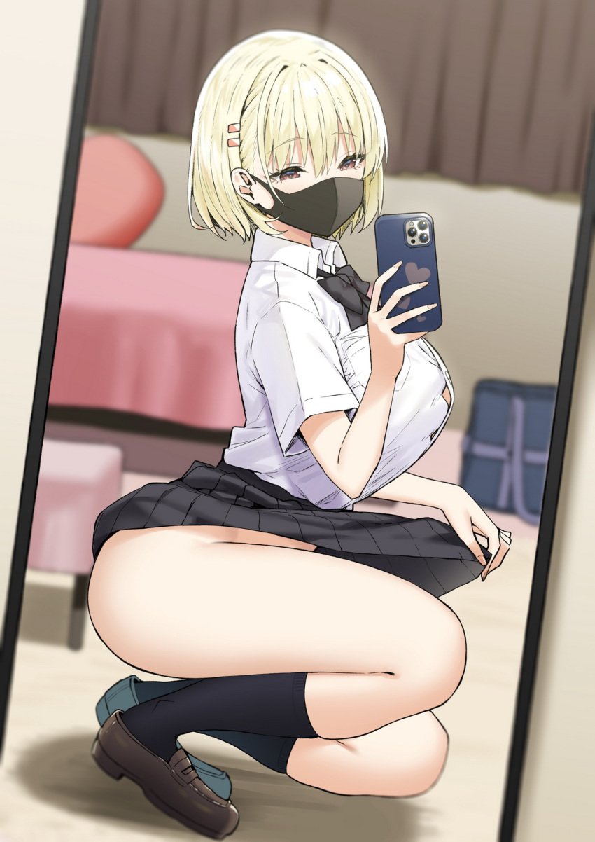 1girl ass bed black_legwear black_neckwear blonde_hair breasts brown_eyes brown_footwear button_gap cellphone commentary curtains from_side hairclip_onee-san_(sky_(freedom)) highres holding holding_phone large_breasts loafers mask mirror mouth_mask no_panties original phone pleated_skirt reflection school_uniform selfie shirt shoes short_hair skirt sky-freedom smartphone socks solo tented_shirt thick_thighs thighs white_shirt