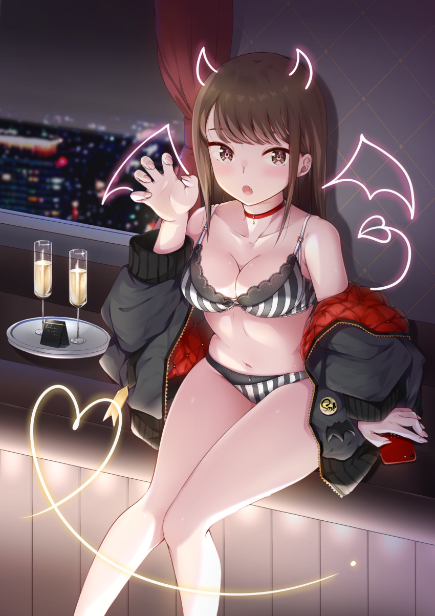 1girl alcohol bangs bare_shoulders black_jacket bra breasts brown_eyes brown_hair champagne champagne_flute choker claw_pose cleavage collarbone commentary_request cup curtains drawn_horns drawn_tail drawn_wings drinking_glass eyebrows_visible_through_hair fang feet_out_of_frame hand_up heart highres indoors jacket kotohane long_hair long_sleeves looking_at_viewer medium_breasts night off_shoulder open_clothes open_jacket open_mouth original panties puffy_long_sleeves puffy_sleeves red_choker sitting solo striped striped_bra striped_panties tray underwear vertical-striped_bra vertical-striped_panties vertical_stripes very_long_hair window