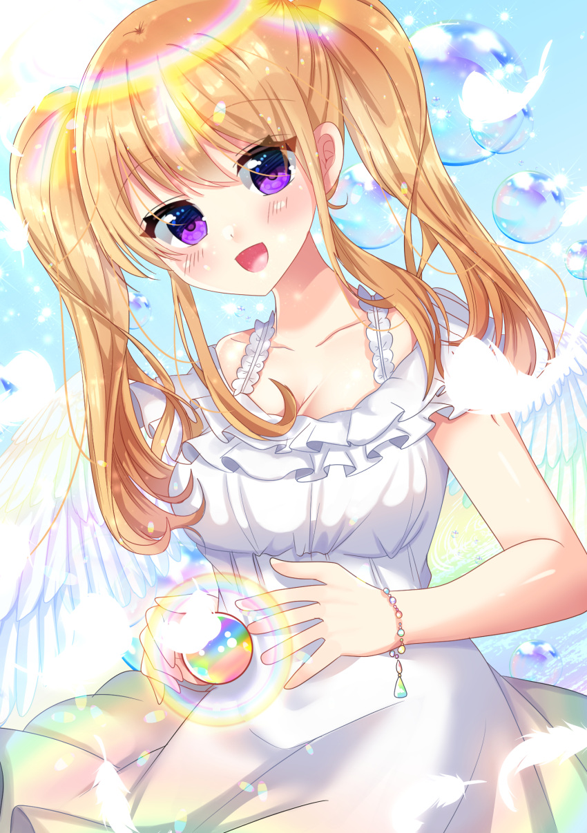 1girl :d bangs blonde_hair blush bracelet breasts bubble cleavage collarbone commentary_request dress eyebrows_visible_through_hair feathered_wings feathers hair_between_eyes highres jewelry long_hair looking_at_viewer medium_breasts misaki_(misaki86) off-shoulder_dress off_shoulder orb original purple_eyes rainbow smile solo twintails white_dress white_feathers white_wings wings