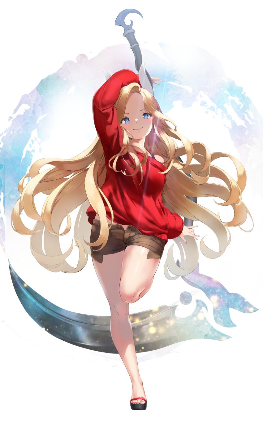1girl absurdres arm_above_head asymmetrical_bangs bangs bare_legs blade_&amp;_soul blonde_hair blue_eyes blush bra_strap breasts brown_shorts character_request closed_mouth contrapposto exposed_pocket forehead full_body hair_intakes highres keibeam large_breasts leg_up long_hair long_sleeves looking_at_viewer midriff_peek mole mole_under_eye nail_polish off-shoulder_sweater off_shoulder open_fly red_sweater sandals shaded_face short_shorts shorts sickle simple_background smile standing standing_on_one_leg sweater swept_bangs tareme toenail_polish toenails very_long_hair wavy_hair weapon