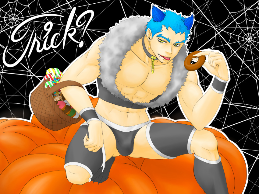 1boy :p abs animal_ears aqua_hair bara basket black_male_underwear briefs bulge commentary_request detached_leggings full_body halloween holding holding_basket looking_at_viewer male_focus male_underwear muscular muscular_male navel nipples pectoral_cleavage pectorals porkjinta shiki short_hair sideburns solo stomach tatsumi_(shiki) thighhighs thighs tongue tongue_out underwear wolf_boy wolf_ears
