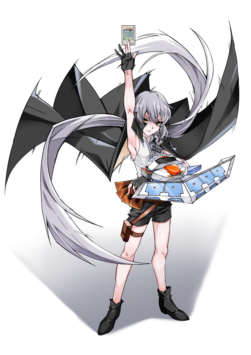 1boy absurdres black_cape black_gloves black_shorts braid cape card deck duel_disk freedom_(aass5404) gloves grey_hair hair_ornament highres holding holding_card long_hair male_focus orange_eyes serious shorts solo standing stardust_dragon tongkkangi tongkkangi_(streamer) twintails very_long_hair yu-gi-oh! yu-gi-oh!_5d's