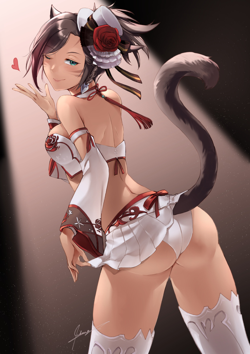 1girl animal_ears ass avatar_(ffxiv) bandeau black_hair braid breasts cat_ears cat_tail detached_sleeves eyebrows_visible_through_hair facial_mark final_fantasy final_fantasy_xiv from_behind green_eyes hat heart highres looking_at_viewer looking_back marie_makise medium_breasts miqo'te multicolored_hair nanase_kokono one_eye_closed short_hair signature skirt slit_pupils solo tail thighhighs two-tone_hair whisker_markings