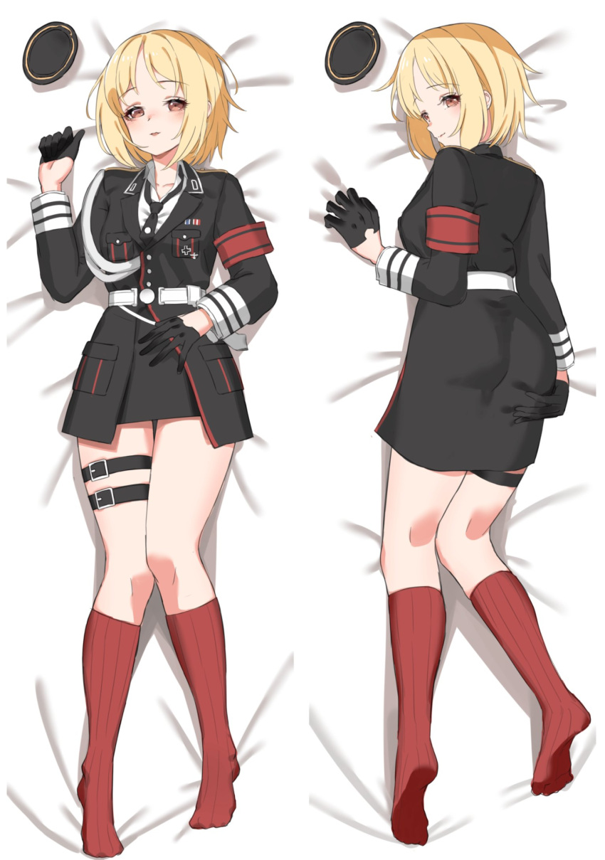 1girl armband black_gloves black_headwear black_jacket black_necktie black_skirt blonde_hair collarbone collared_shirt dakimakura_(medium) full_body garrison_cap girls'_frontline gloves half_gloves hat highres jacket kneehighs long_sleeves looking_at_viewer lying military_jacket mp40_(girls'_frontline) necktie on_back on_stomach red_legwear shirt short_hair skirt thigh_strap toryu_fufu wehrmacht white_shirt yellow_eyes