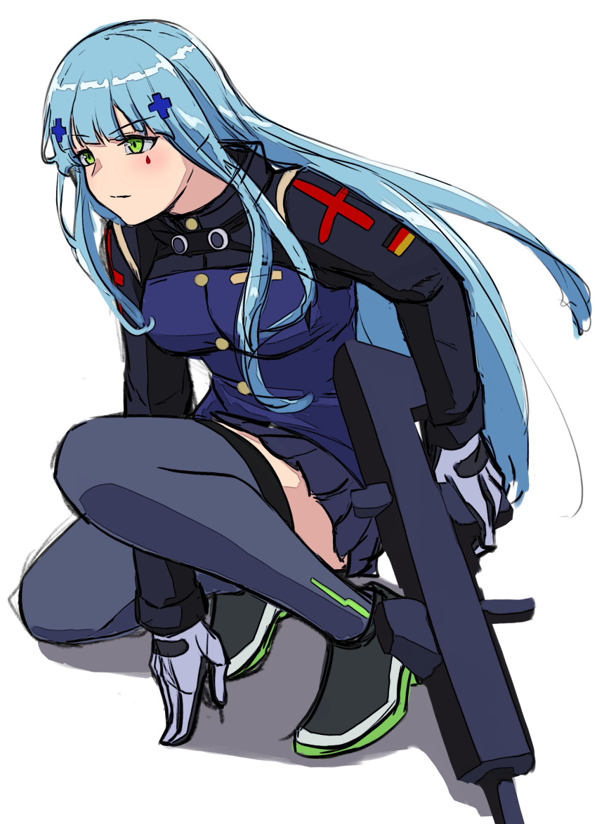 1girl 3_small_spiders absurdres assault_rifle bangs black_legwear blue_hair blue_skirt breasts closed_mouth crossed_bangs eyebrows_visible_through_hair full_body german_flag girls'_frontline gloves green_eyes gun h&amp;k_hk416 hand_on_floor highres hk416_(girls'_frontline) holding holding_gun holding_weapon long_hair looking_away rifle shoes sitting skirt solo tactical_clothes teardrop_facial_mark teardrop_tattoo thighhighs uniform weapon white_background white_gloves
