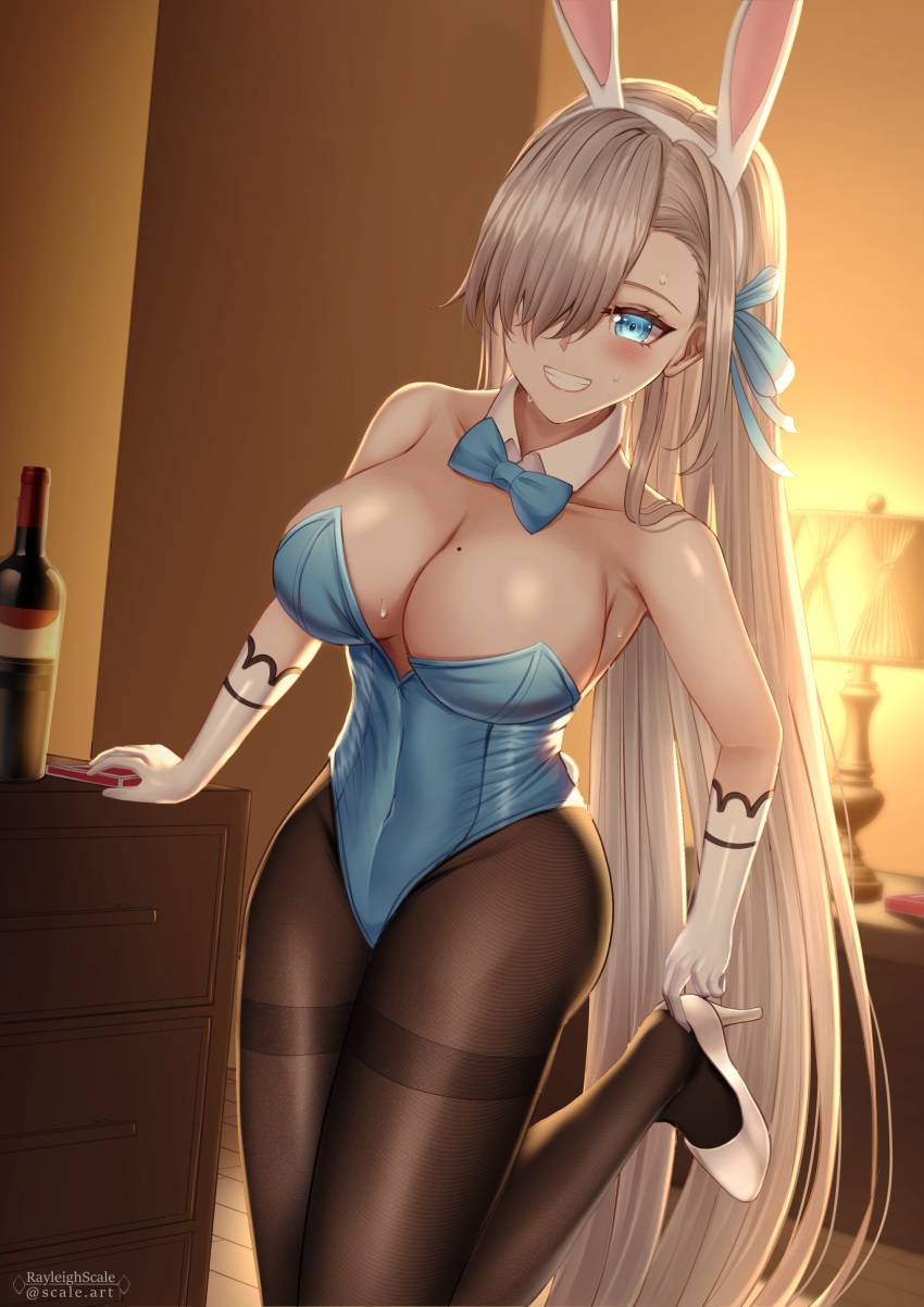 1girl absurdres adjusting_footwear animal_ears artist_name ass asuna_(blue_archive) bare_shoulders black_legwear blonde_hair blue_archive blue_bow blue_bowtie blue_eyes blue_leotard bottle bow bowtie breasts cleavage clenched_teeth collarbone covered_navel detached_collar drawer fake_animal_ears gloves hair_over_one_eye headband high_heels highleg highleg_panties highres huge_breasts lamp leotard long_hair open_mouth panties pantyhose playboy_bunny rayleigh_scale room solo standing standing_on_one_leg strapless strapless_leotard sweat taut_leotard teeth thighs underwear very_long_hair white_gloves white_headband wine_bottle